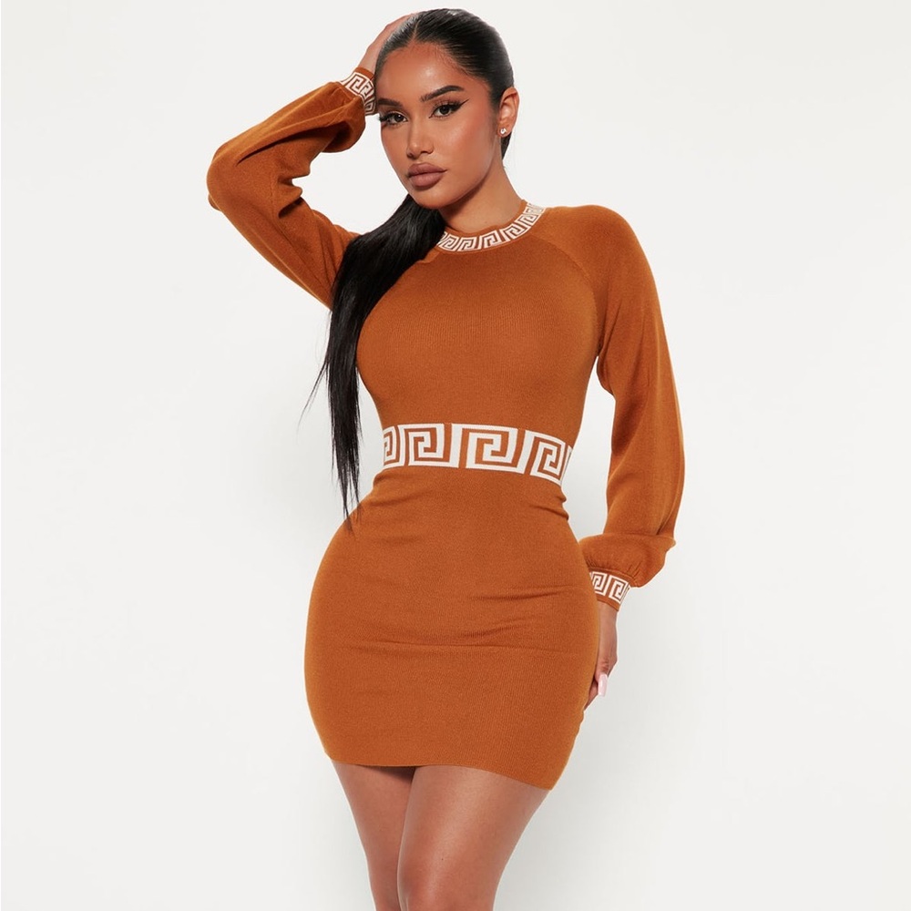 ~Like You Mean It: Orange Knit Mini Dress w/ White Geometric Trim~